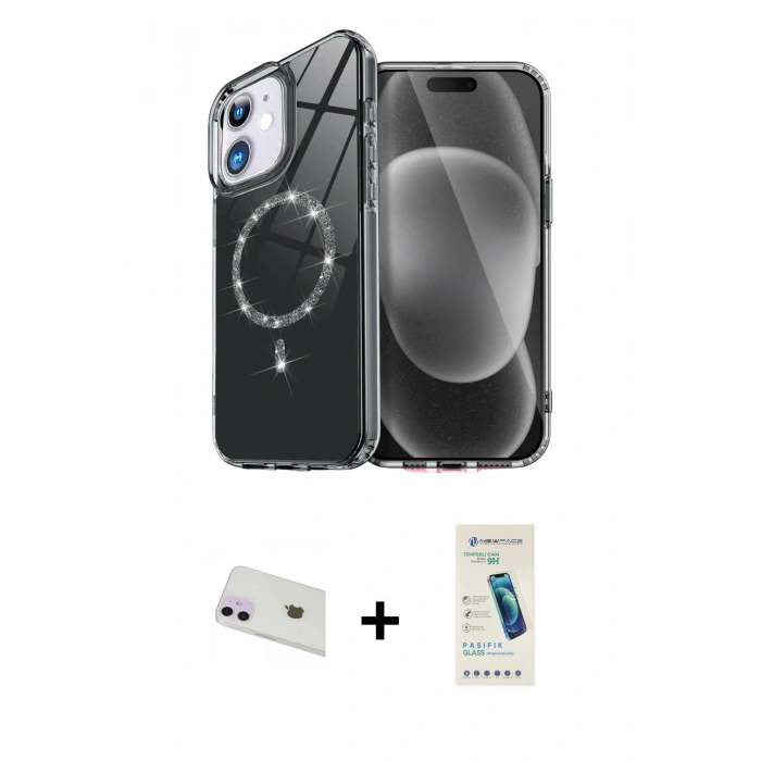 MARSİLYAN™- iPhone 12 Kılıf Kıvılcım Form Prime - Şeffaf Pasifik Cam Ekran Koruyucu + Rainbow Kamera Lens Koruma Cam - MR