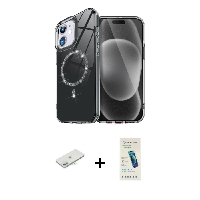 MARSİLYAN™- iPhone 12 Kılıf Kıvılcım Form Prime - Şeffaf Pasifik Cam Ekran Koruyucu + Renkli Kamera Lens Koruma Cam - SI