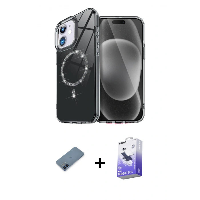 MARSİLYAN™- iPhone 12 Kılıf Kıvılcım Form Prime - Siyah Bilvis 5in1 5D Magic Hayalet Cam Ekran Koruyucu + Metal Kamera Lens Koruma Cam - MI