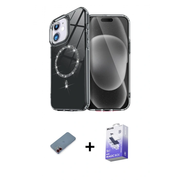 MARSİLYAN™- iPhone 12 Kılıf Kıvılcım Form Prime - Siyah Bilvis 5in1 5D Magic Hayalet Cam Ekran Koruyucu + Kırmızı Metal Kamera Lens Koruma Cam
