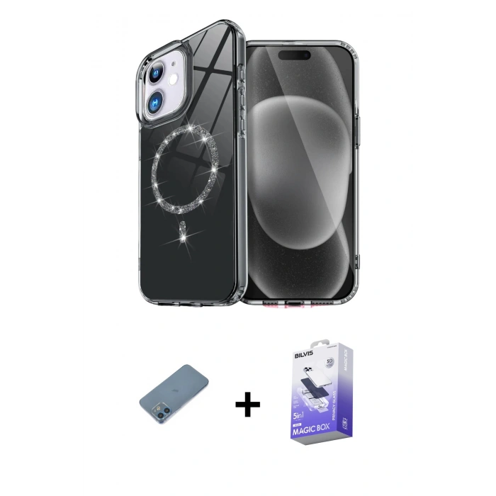 MARSİLYAN™- iPhone 12 Kılıf Kıvılcım Form Prime - Siyah Bilvis 5in1 5D Magic Hayalet Cam Ekran Koruyucu + Shine Kamera Lens Koruma Cam - MI
