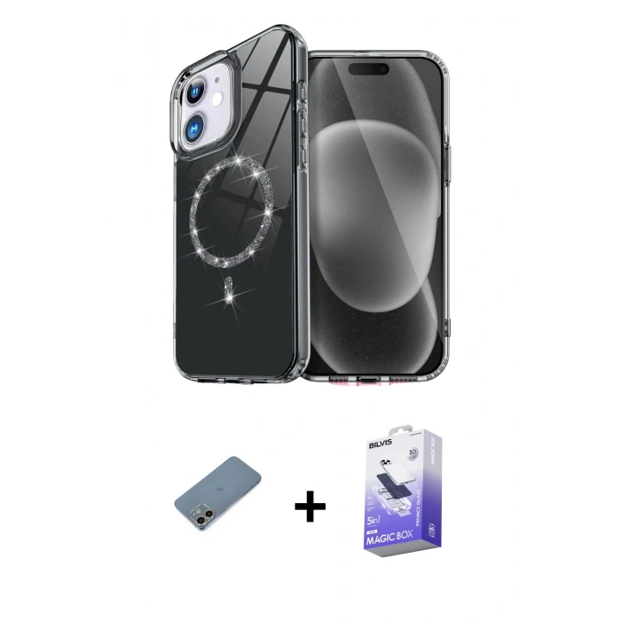 MARSİLYAN™- iPhone 12 Kılıf Kıvılcım Form Prime - Siyah Bilvis 5in1 5D Magic Hayalet Cam Ekran Koruyucu + Shine Kamera Lens Koruma Cam - GI