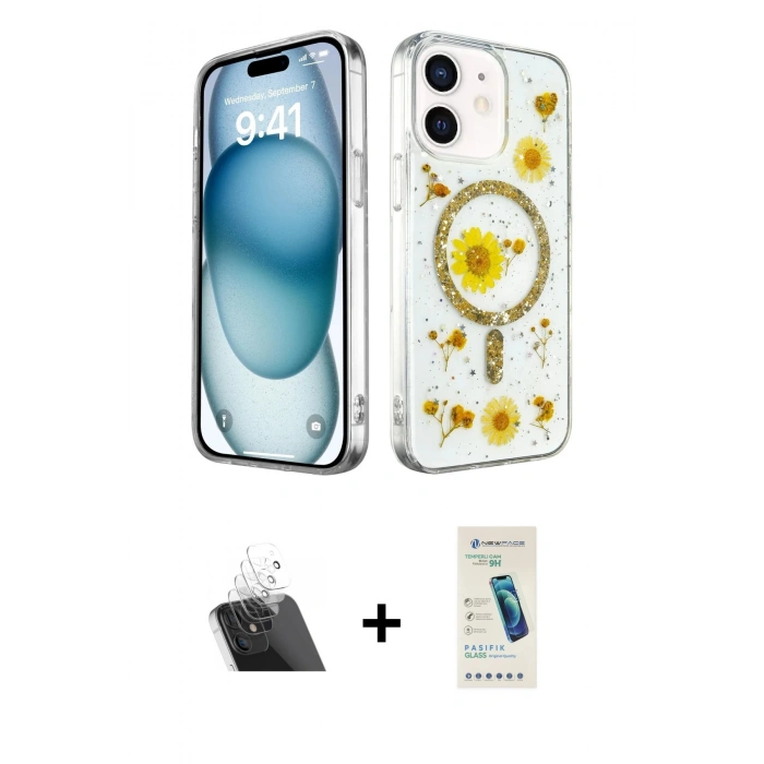 MARSİLYAN™- iPhone 12 Kılıf Kozmos Doku - Şeffaf Pasifik Cam Ekran Koruyucu + Kamera Lens Koruma Cam - SF