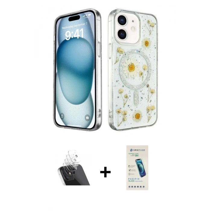 MARSİLYAN™- iPhone 12 Kılıf Kozmos Doku - Şeffaf Pasifik Cam Ekran Koruyucu + Kamera Lens Koruma Cam - SF