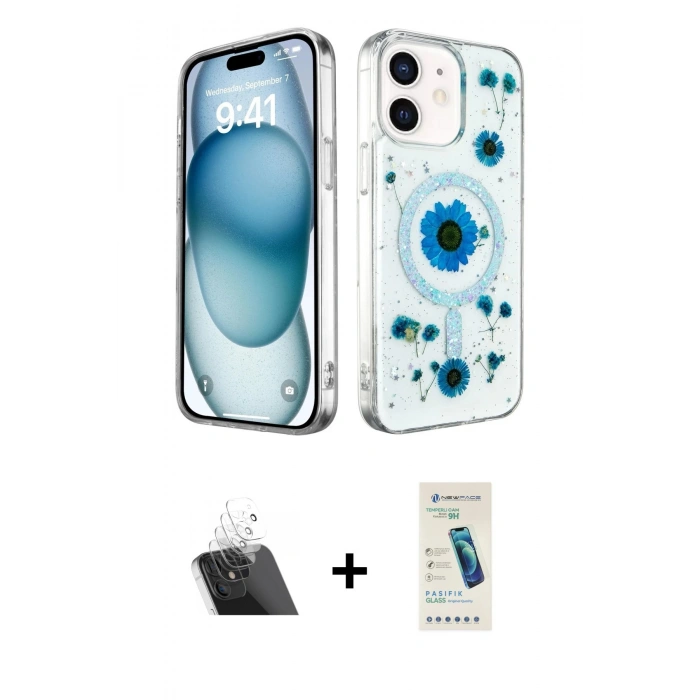 MARSİLYAN™- iPhone 12 Kılıf Kozmos Doku - Şeffaf Pasifik Cam Ekran Koruyucu + Kamera Lens Koruma Cam - SF