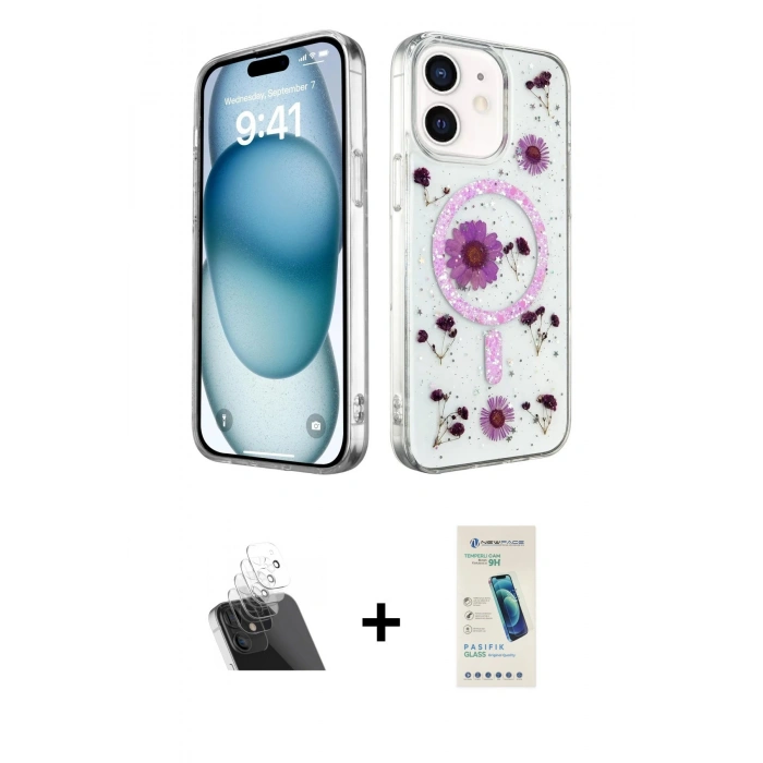 MARSİLYAN™- iPhone 12 Kılıf Kozmos Doku - Şeffaf Pasifik Cam Ekran Koruyucu + Kamera Lens Koruma Cam - SF