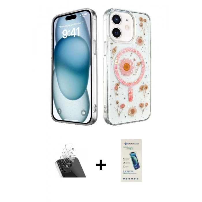 MARSİLYAN™- iPhone 12 Kılıf Kozmos Doku - Şeffaf Pasifik Cam Ekran Koruyucu + Kamera Lens Koruma Cam - SF