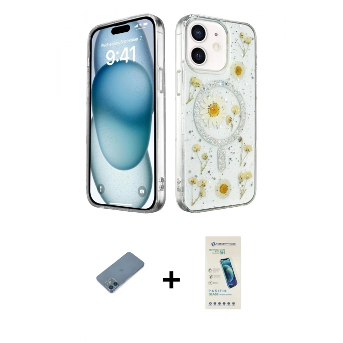 MARSİLYAN™- iPhone 12 Kılıf Kozmos Doku - Şeffaf Pasifik Cam Ekran Koruyucu + Shine Kamera Lens Koruma Cam - MI