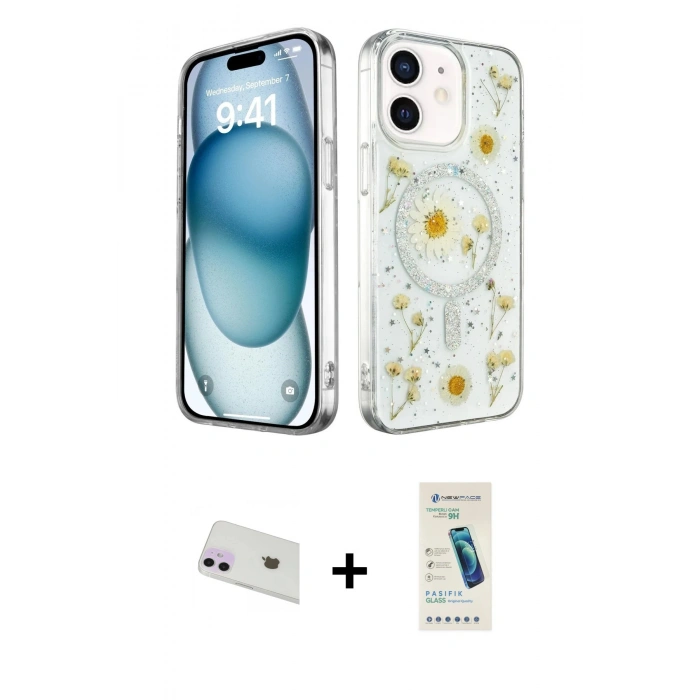 MARSİLYAN™- iPhone 12 Kılıf Kozmos Doku - Şeffaf Pasifik Cam Ekran Koruyucu + Rainbow Kamera Lens Koruma Cam - MR