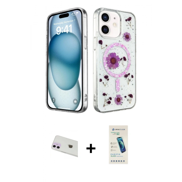 MARSİLYAN™- iPhone 12 Kılıf Kozmos Doku - Şeffaf Pasifik Cam Ekran Koruyucu + Rainbow Kamera Lens Koruma Cam - MR