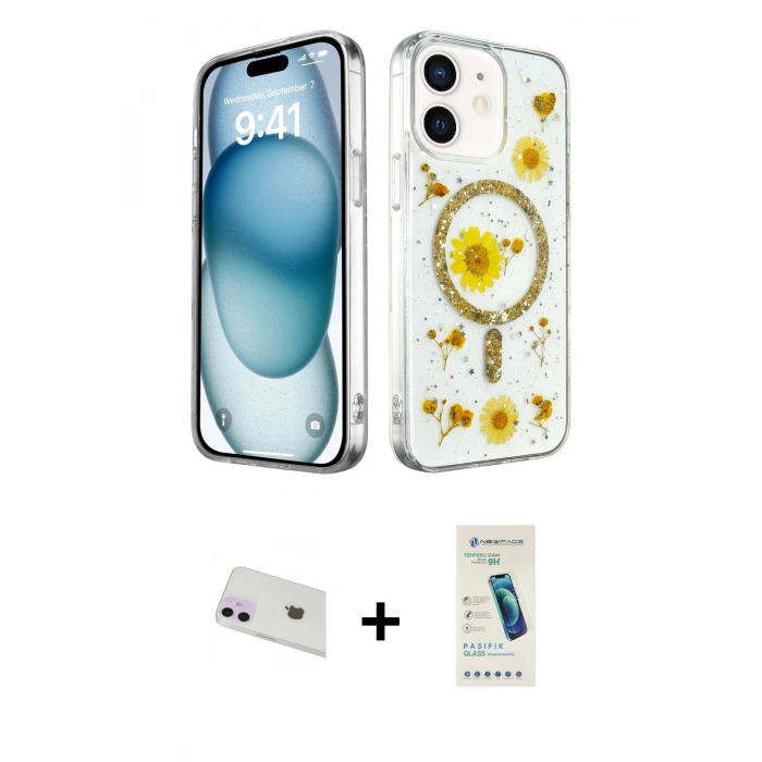 MARSİLYAN™- iPhone 12 Kılıf Kozmos Doku - Şeffaf Pasifik Cam Ekran Koruyucu + Rainbow Kamera Lens Koruma Cam - MR