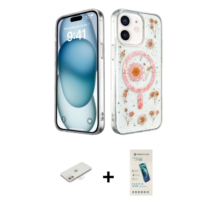 MARSİLYAN™- iPhone 12 Kılıf Kozmos Doku - Şeffaf Pasifik Cam Ekran Koruyucu + Renkli Kamera Lens Koruma Cam - YL