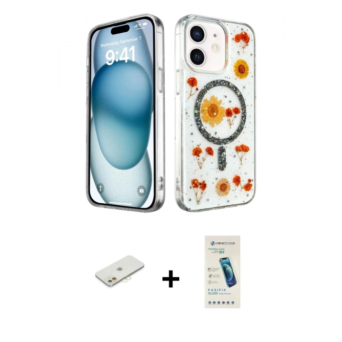 MARSİLYAN™- iPhone 12 Kılıf Kozmos Doku - Şeffaf Pasifik Cam Ekran Koruyucu + Renkli Kamera Lens Koruma Cam - TU