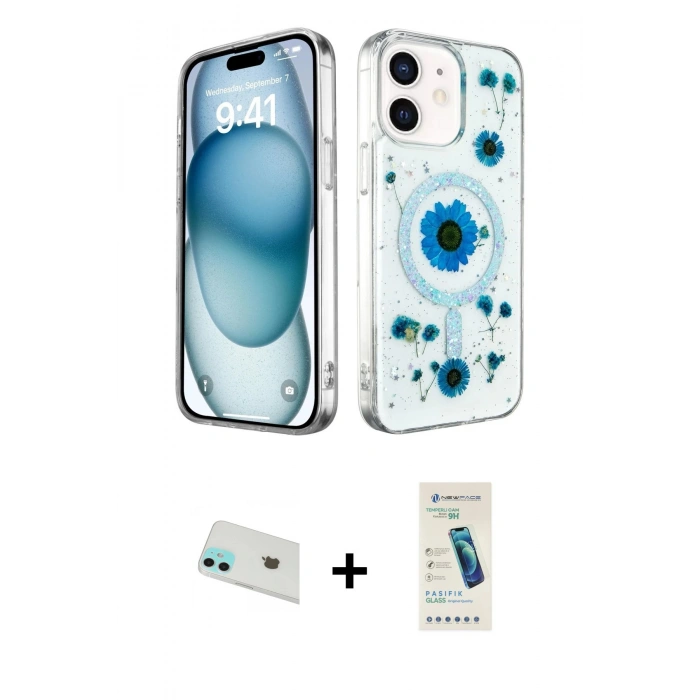 MARSİLYAN™- iPhone 12 Kılıf Kozmos Doku - Şeffaf Pasifik Cam Ekran Koruyucu + Yeşil Rainbow Kamera Lens Koruma Cam