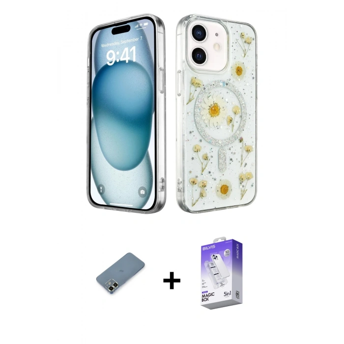 MARSİLYAN™- iPhone 12 Kılıf Kozmos Doku - Siyah Bilvis 5in1 3D Magic Cam Ekran Koruyucu + Metal Kamera Lens Koruma Cam - AKYL