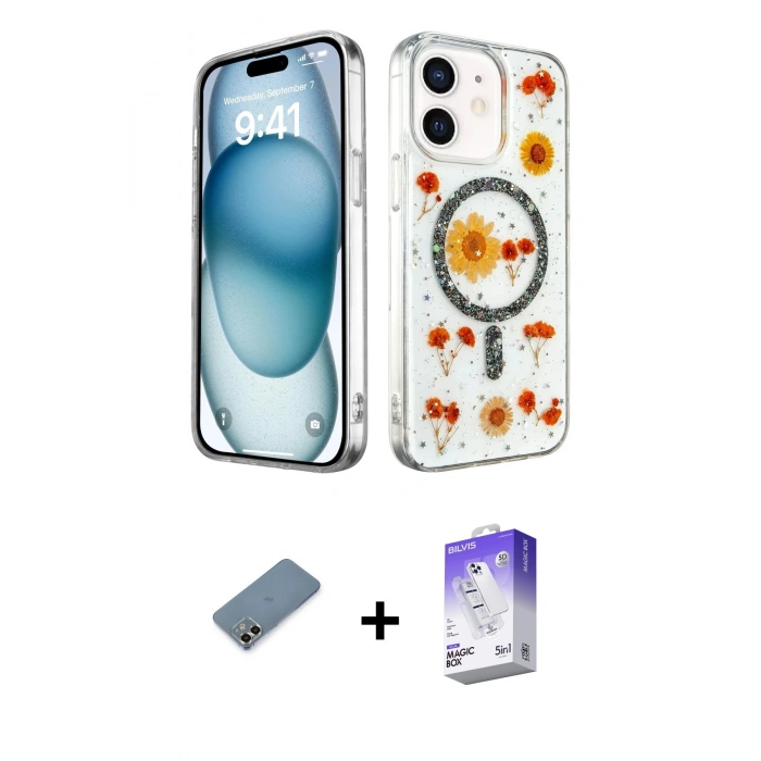 MARSİLYAN™- iPhone 12 Kılıf Kozmos Doku - Siyah Bilvis 5in1 3D Magic Cam Ekran Koruyucu + Metal Kamera Lens Koruma Cam - GD