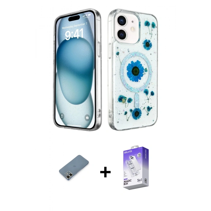 MARSİLYAN™- iPhone 12 Kılıf Kozmos Doku - Siyah Bilvis 5in1 3D Magic Cam Ekran Koruyucu + Metal Kamera Lens Koruma Cam - GD