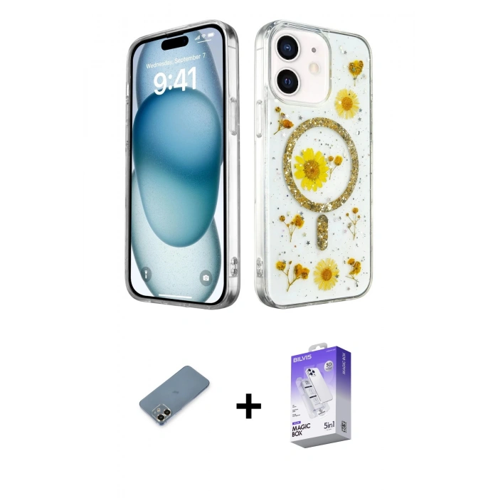 MARSİLYAN™- iPhone 12 Kılıf Kozmos Doku - Siyah Bilvis 5in1 3D Magic Cam Ekran Koruyucu + Metal Kamera Lens Koruma Cam - GD