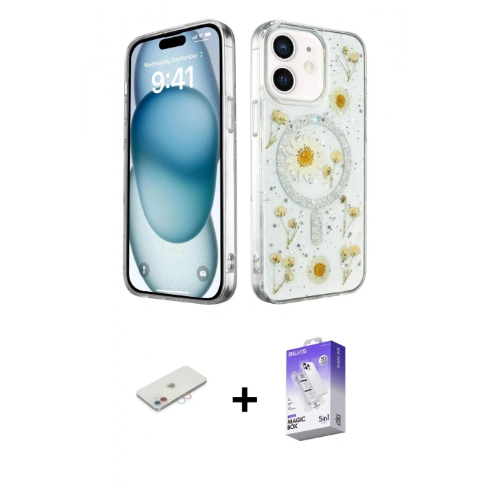 MARSİLYAN™- iPhone 12 Kılıf Kozmos Doku - Siyah Bilvis 5in1 3D Magic Cam Ekran Koruyucu + Renkli Kamera Lens Koruma Cam - PE