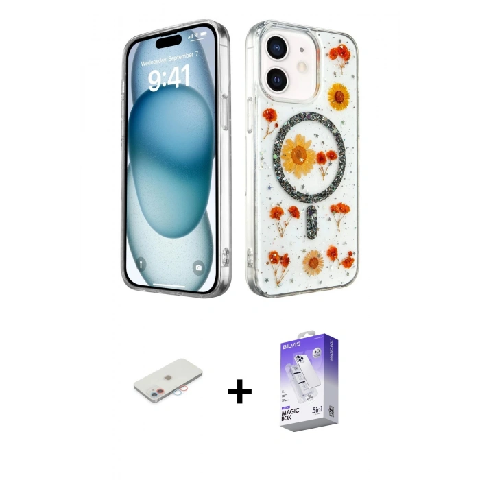 MARSİLYAN™- iPhone 12 Kılıf Kozmos Doku - Siyah Bilvis 5in1 3D Magic Cam Ekran Koruyucu + Renkli Kamera Lens Koruma Cam - PE