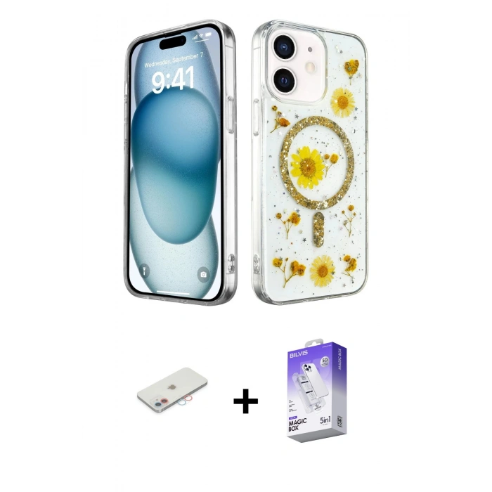 MARSİLYAN™- iPhone 12 Kılıf Kozmos Doku - Siyah Bilvis 5in1 3D Magic Cam Ekran Koruyucu + Renkli Kamera Lens Koruma Cam - PE