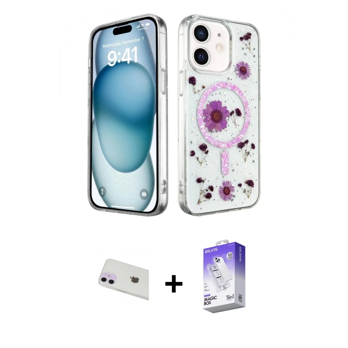 MARSİLYAN™- iPhone 12 Kılıf Kozmos Doku - Siyah Bilvis 5in1 3D Magic Cam Ekran Koruyucu + Rainbow Kamera Lens Koruma Cam - MR