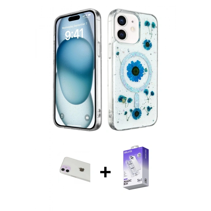 MARSİLYAN™- iPhone 12 Kılıf Kozmos Doku - Siyah Bilvis 5in1 3D Magic Cam Ekran Koruyucu + Rainbow Kamera Lens Koruma Cam - MR
