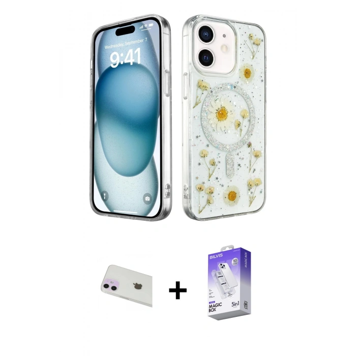 MARSİLYAN™- iPhone 12 Kılıf Kozmos Doku - Siyah Bilvis 5in1 3D Magic Cam Ekran Koruyucu + Rainbow Kamera Lens Koruma Cam - MR