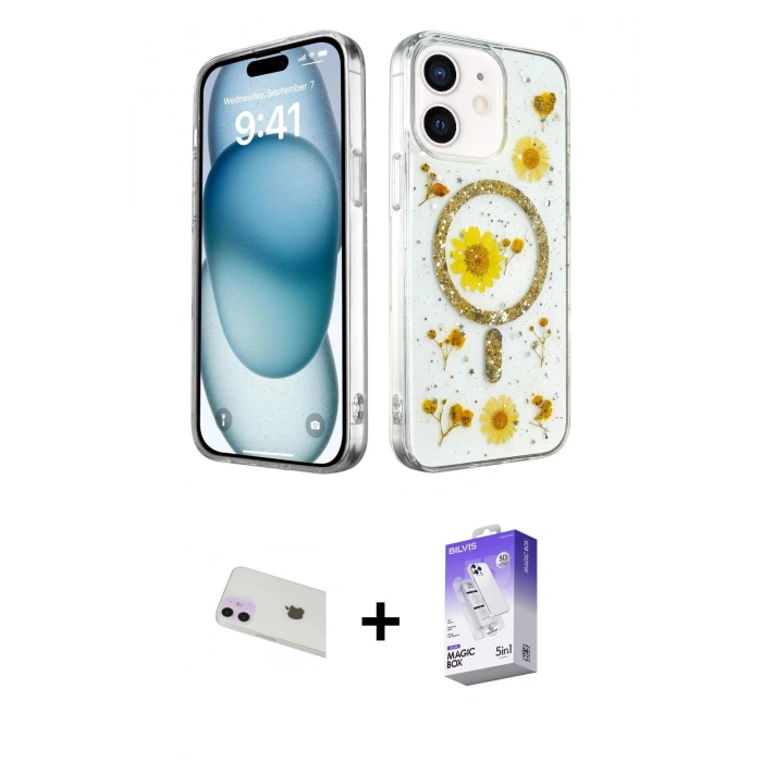 MARSİLYAN™- iPhone 12 Kılıf Kozmos Doku - Siyah Bilvis 5in1 3D Magic Cam Ekran Koruyucu + Rainbow Kamera Lens Koruma Cam - MR