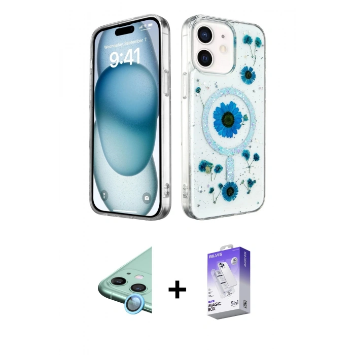 MARSİLYAN™- iPhone 12 Kılıf Kozmos Doku - Siyah Bilvis 5in1 3D Magic Cam Ekran Koruyucu + Raze Metal Kamera Lens - MI