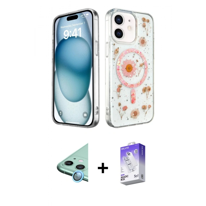 MARSİLYAN™- iPhone 12 Kılıf Kozmos Doku - Siyah Bilvis 5in1 3D Magic Cam Ekran Koruyucu + Raze Metal Kamera Lens - MI