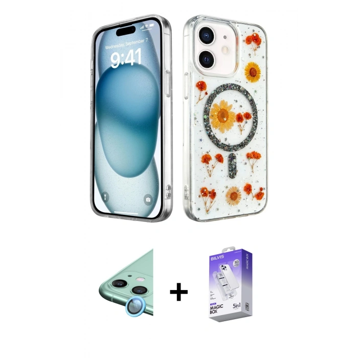 MARSİLYAN™- iPhone 12 Kılıf Kozmos Doku - Siyah Bilvis 5in1 3D Magic Cam Ekran Koruyucu + Raze Metal Kamera Lens - MI