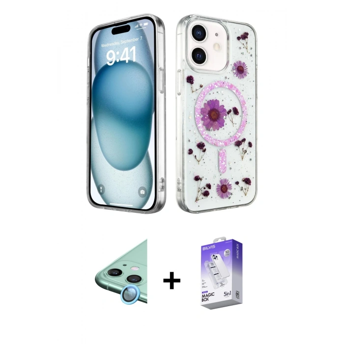 MARSİLYAN™- iPhone 12 Kılıf Kozmos Doku - Siyah Bilvis 5in1 3D Magic Cam Ekran Koruyucu + Raze Metal Kamera Lens - MI