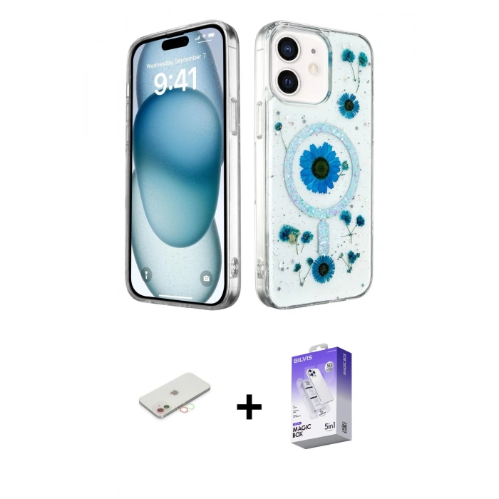 MARSİLYAN™- iPhone 12 Kılıf Kozmos Doku - Siyah Bilvis 5in1 3D Magic Cam Ekran Koruyucu + Renkli Kamera Lens Koruma Cam - YL