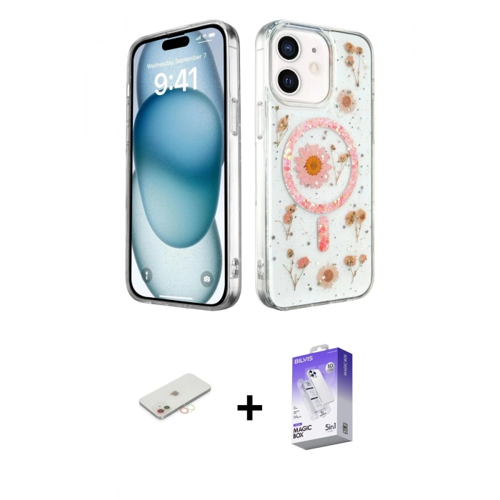 MARSİLYAN™- iPhone 12 Kılıf Kozmos Doku - Siyah Bilvis 5in1 3D Magic Cam Ekran Koruyucu + Renkli Kamera Lens Koruma Cam - YL