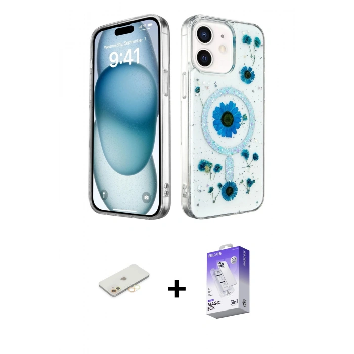MARSİLYAN™- iPhone 12 Kılıf Kozmos Doku - Siyah Bilvis 5in1 3D Magic Cam Ekran Koruyucu + Sarı Renkli Kamera Lens Koruma Cam