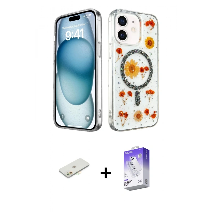 MARSİLYAN™- iPhone 12 Kılıf Kozmos Doku - Siyah Bilvis 5in1 3D Magic Cam Ekran Koruyucu + Turuncu Renkli Kamera Lens Koruma Cam