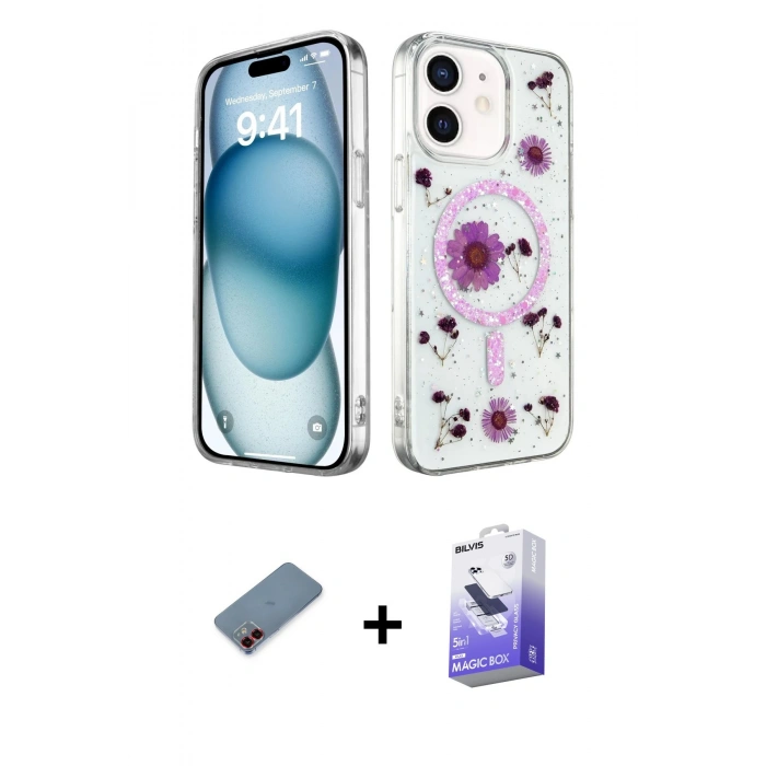 MARSİLYAN™- iPhone 12 Kılıf Kozmos Doku - Siyah Bilvis 5in1 5D Magic Hayalet Cam Ekran Koruyucu + Metal Kamera Lens Koruma Cam - KI