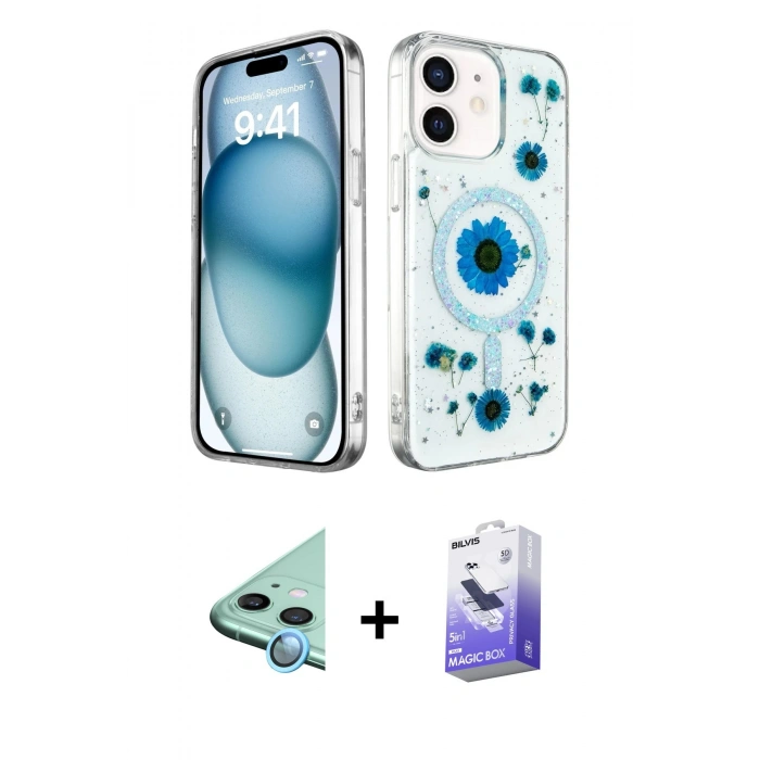 MARSİLYAN™- iPhone 12 Kılıf Kozmos Doku - Siyah Bilvis 5in1 5D Magic Hayalet Cam Ekran Koruyucu + Raze Metal Kamera Lens - MI