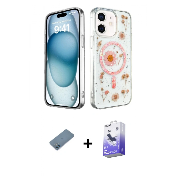 MARSİLYAN™- iPhone 12 Kılıf Kozmos Doku - Siyah Bilvis 5in1 5D Magic Hayalet Cam Ekran Koruyucu + Shine Kamera Lens Koruma Cam - MI