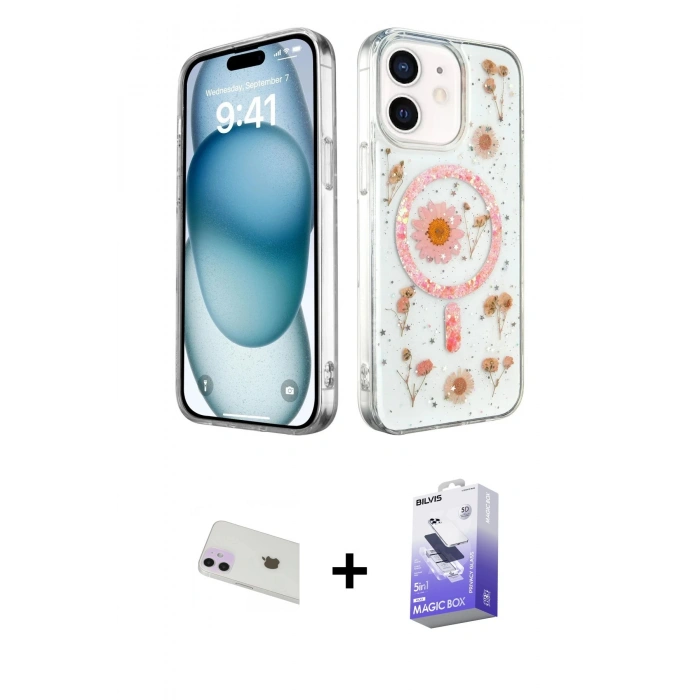 MARSİLYAN™- iPhone 12 Kılıf Kozmos Doku - Siyah Bilvis 5in1 5D Magic Hayalet Cam Ekran Koruyucu + Rainbow Kamera Lens Koruma Cam - MR