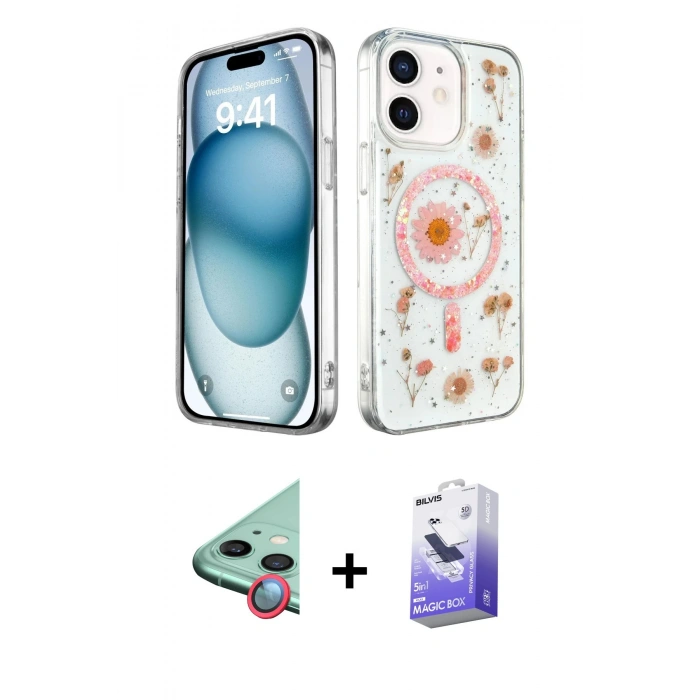 MARSİLYAN™- iPhone 12 Kılıf Kozmos Doku - Siyah Bilvis 5in1 5D Magic Hayalet Cam Ekran Koruyucu + Raze Metal Kamera Lens - KI