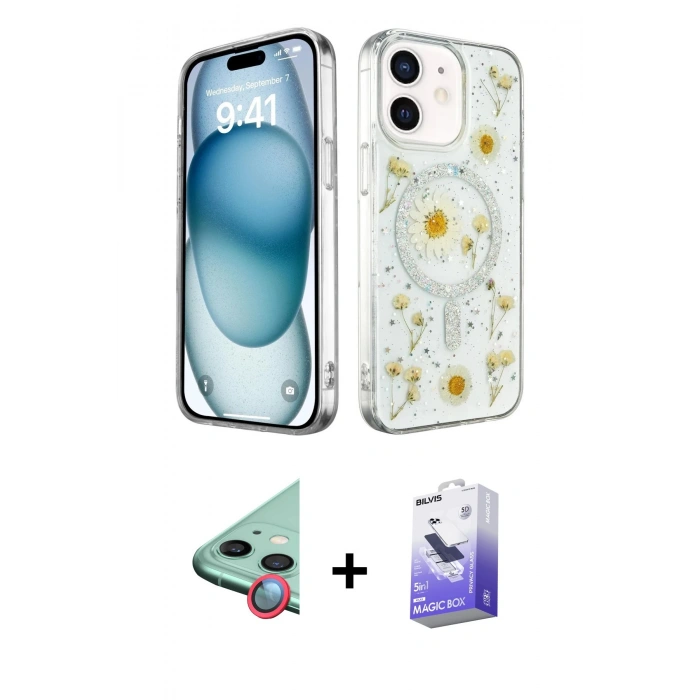 MARSİLYAN™- iPhone 12 Kılıf Kozmos Doku - Siyah Bilvis 5in1 5D Magic Hayalet Cam Ekran Koruyucu + Raze Metal Kamera Lens - KI