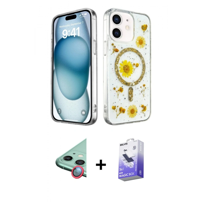 MARSİLYAN™- iPhone 12 Kılıf Kozmos Doku - Siyah Bilvis 5in1 5D Magic Hayalet Cam Ekran Koruyucu + Raze Metal Kamera Lens - KI