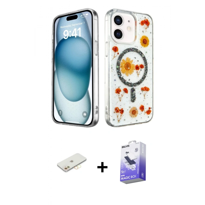 MARSİLYAN™- iPhone 12 Kılıf Kozmos Doku - Siyah Bilvis 5in1 5D Magic Hayalet Cam Ekran Koruyucu + Renkli Kamera Lens Koruma Cam - SI