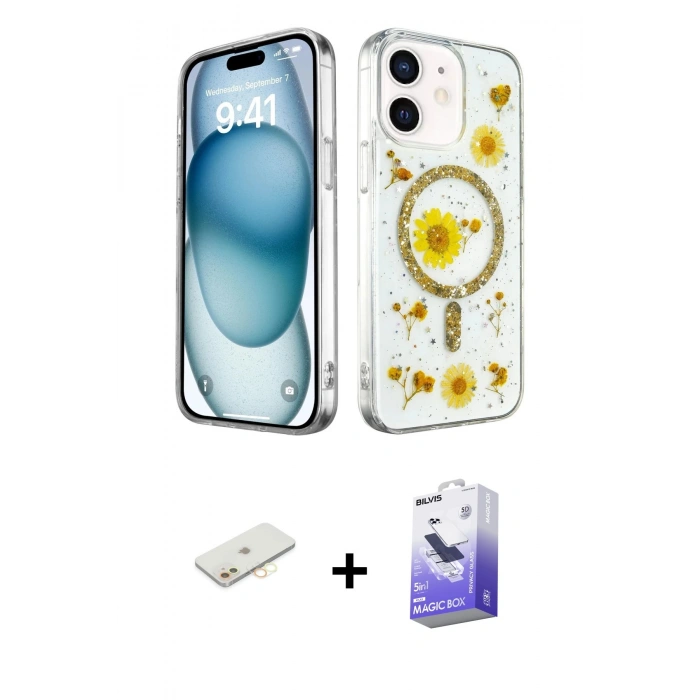 MARSİLYAN™- iPhone 12 Kılıf Kozmos Doku - Siyah Bilvis 5in1 5D Magic Hayalet Cam Ekran Koruyucu + Renkli Kamera Lens Koruma Cam - SI