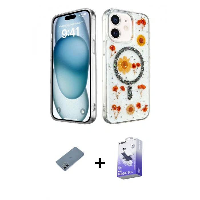 MARSİLYAN™- iPhone 12 Kılıf Kozmos Doku - Siyah Bilvis 5in1 5D Magic Hayalet Cam Ekran Koruyucu + Shine Kamera Lens Koruma Cam - SABE