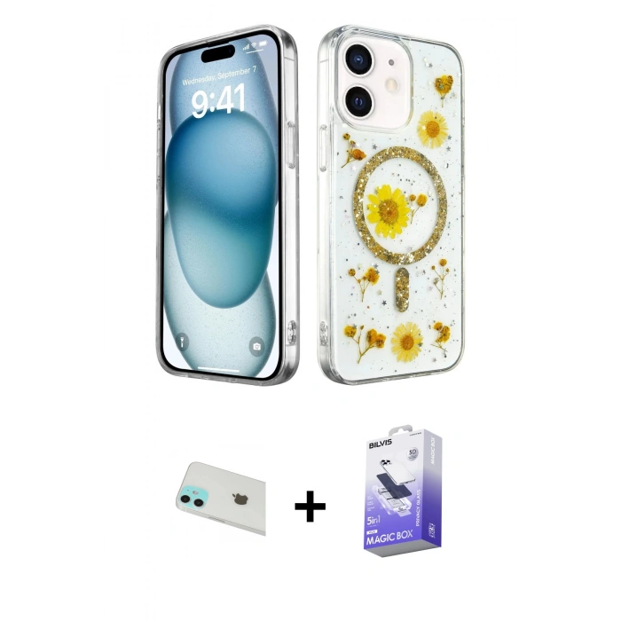 MARSİLYAN™- iPhone 12 Kılıf Kozmos Doku - Siyah Bilvis 5in1 5D Magic Hayalet Cam Ekran Koruyucu + Rainbow Kamera Lens Koruma Cam - YL