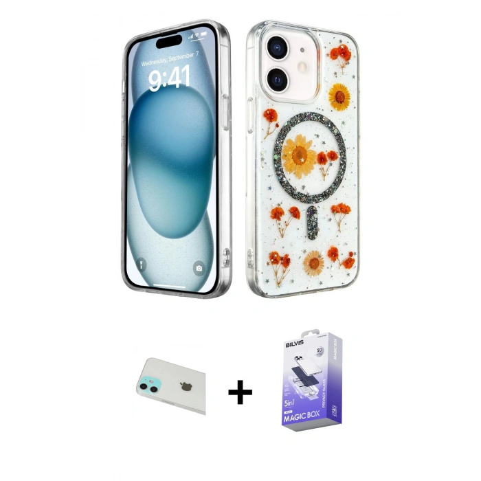 MARSİLYAN™- iPhone 12 Kılıf Kozmos Doku - Siyah Bilvis 5in1 5D Magic Hayalet Cam Ekran Koruyucu + Rainbow Kamera Lens Koruma Cam - YL