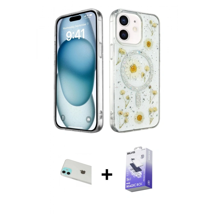MARSİLYAN™- iPhone 12 Kılıf Kozmos Doku - Siyah Bilvis 5in1 5D Magic Hayalet Cam Ekran Koruyucu + Rainbow Kamera Lens Koruma Cam - YL